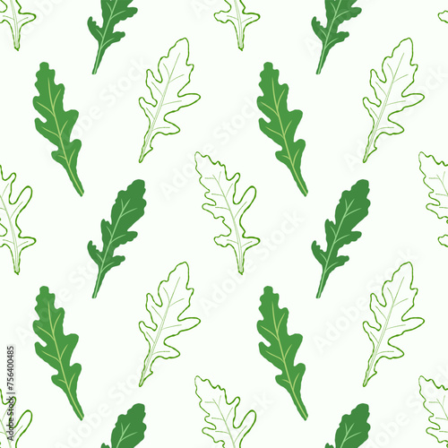 Seamless pattern line arugula. Vector painted. Illustration superfood on white background. Sketch leaves in cartoon flat style green outline. Green color.