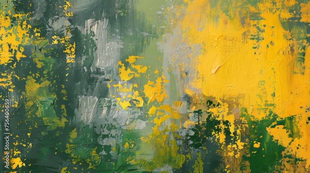 Obraz premium An abstract artistic background with golden brushstrokes and textured backgrounds. Oil on canvas. Modern Art. Floral, green, gray, wallpapers, posters, cards, murals, rugs, hangings, and prints.