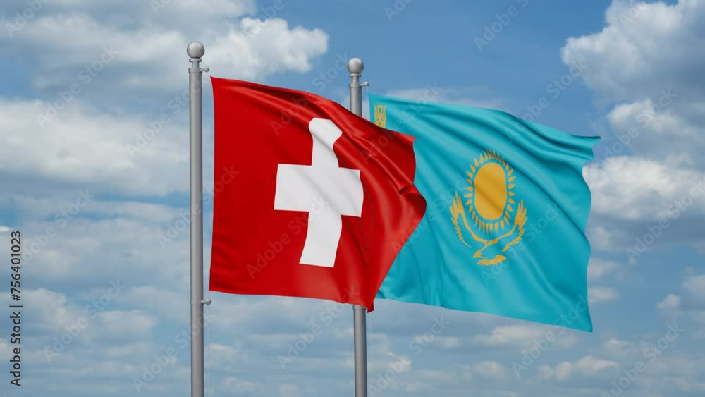 Kazakhstan and Switzerland two flags waving together, looped video, two country cooperation concept Kazakhstan and Switzerland two flags waving together, looped video, two country cooperation concept