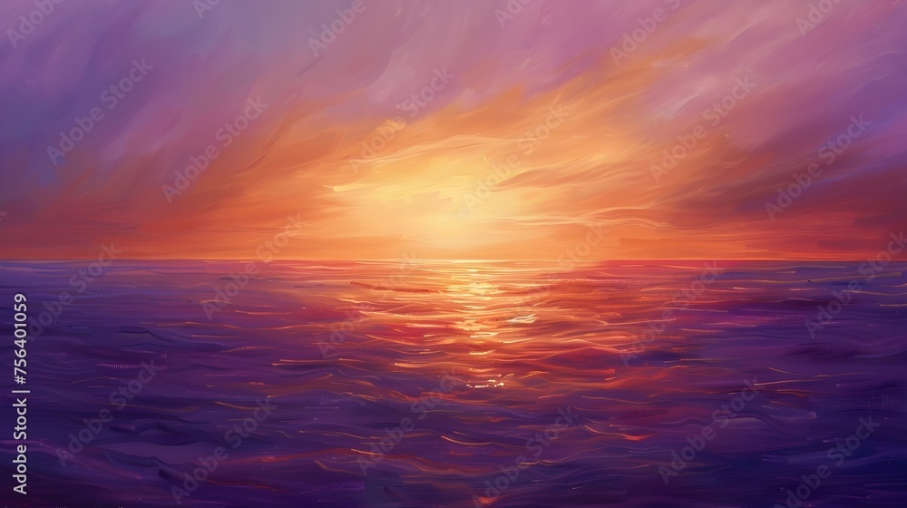 Purple and Orange Sunset Ocean Digital Painting, To evoke emotions of peace and tranquility through a beautiful sunset ocean scene, suitable for use