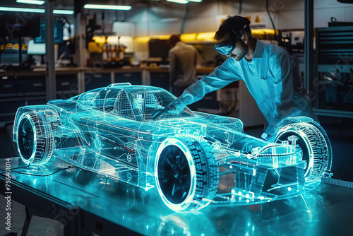 An engineer designs a car using virtual reality. Concept: The future of engineering relies on AI, holograms and 3D design.