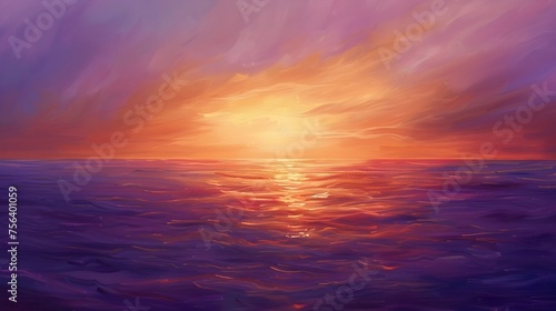 Purple and Orange Sunset Ocean Digital Painting, To evoke emotions of peace and tranquility through a beautiful sunset ocean scene, suitable for use photo