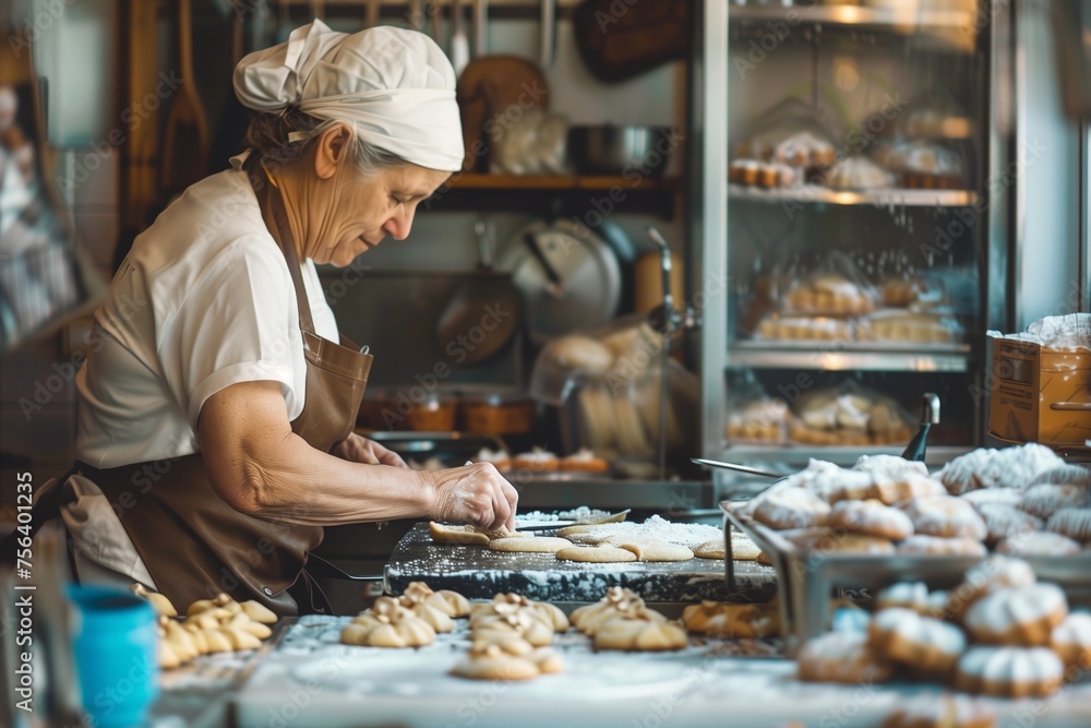 A women baking cookies inside of a bakery. The kitchen at bakery.