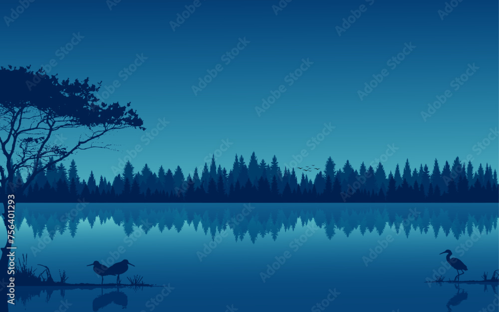 © pixel.99 - Wetland River Lake landscape background vector illustration birds flying pine forest woods water reflection beautiful scenery background web cover banner
