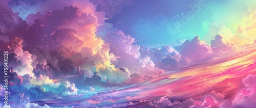 Rainbow-colored clouds create a fantastic landscape.