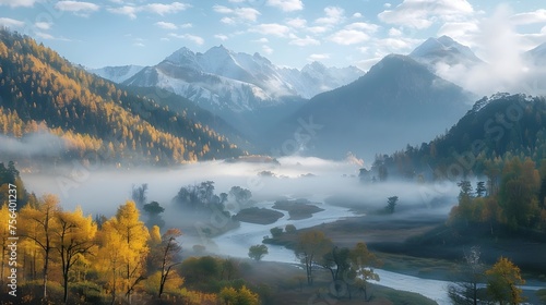Serene mountain landscape at sunrise with misty river and autumn trees, To showcase the serene beauty of nature in a high-quality landscape photo