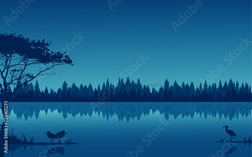 Wetland River Lake landscape background vector illustration birds flying pine forest woods water reflection beautiful scenery background web cover banner