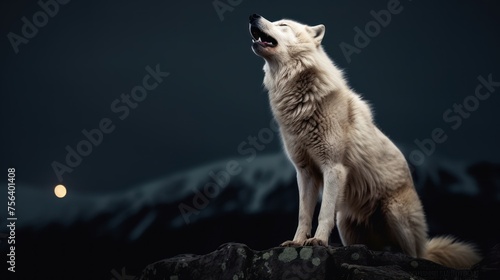 white wolf howl on a rock at night in forest background