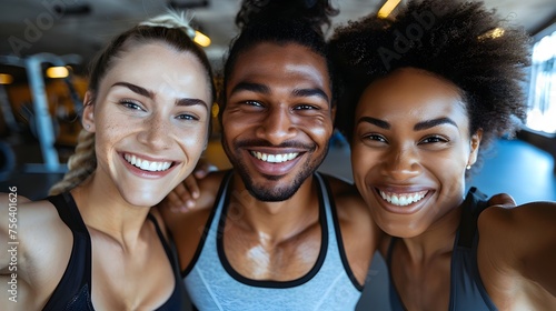 Three Friends Posing for a Gym Selfie After a Fitness Session, To convey a sense of teamwork, diversity, and health among friends who enjoy working