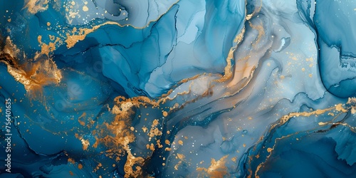 Abstract blue marble texture with gold splashes
