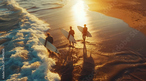 Three surfers carrying boards along the beach during golden hour, To convey a sense of adventure and camaraderie among surfers, showcasing the beauty photo