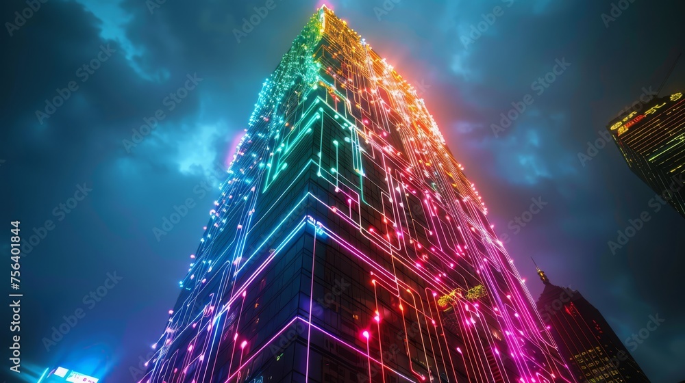A striking urban skyscraper reaches for the heavens, adorned with dazzling neon lights under the tumultuous city night sky.