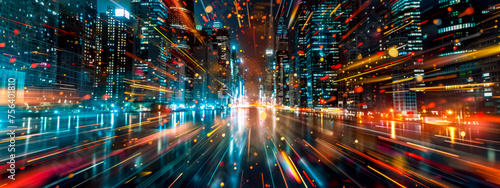 Vibrant city nightscape with light trails