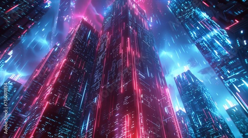 Soaring cybernetic towers pulse with neon lights, crafting a breathtaking scene from a futuristic city drenched in rain.