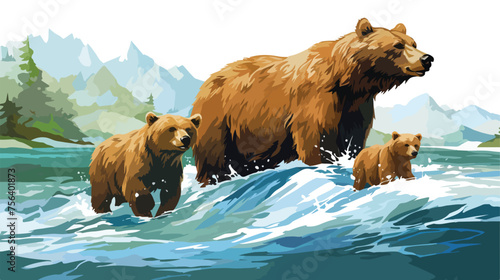 A mother bear teaching her cubs to fish in a rushing