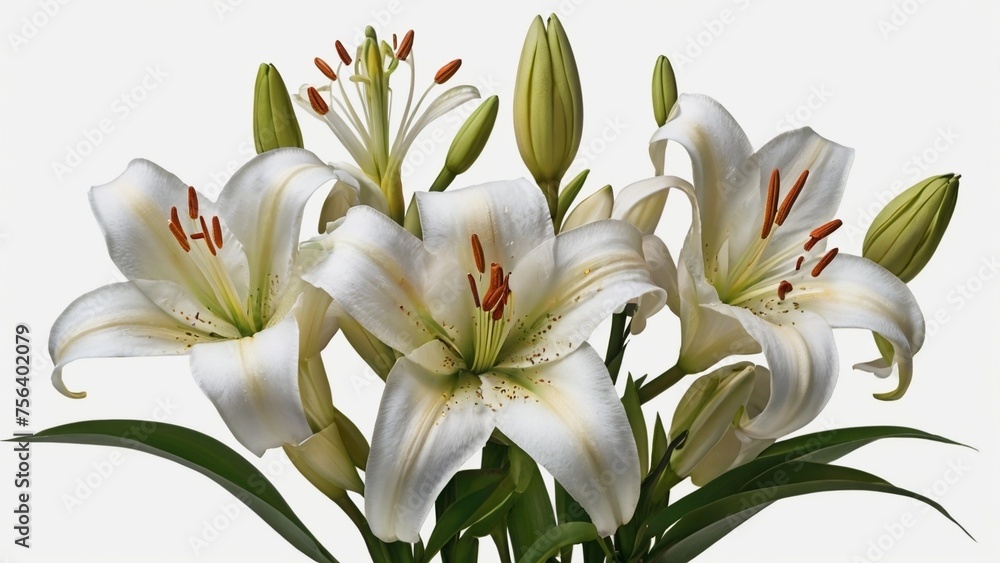 Obraz premium Elegant blooming lilies with buds, on isolated white background