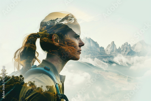 Double exposure portrait of woman hiking blended with mountain landscape background