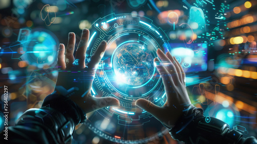 A persons hands engaging with a futuristic holographic interface featuring a glowing digital globe and dynamic data visualizations