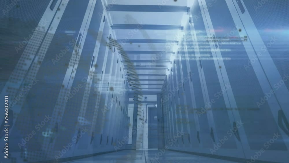 Animation of data processing and globe over server room Animation of data processing and globe over server room
