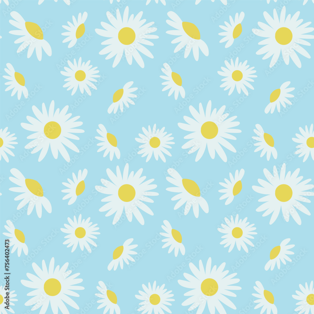 Daisy flower seamless on blue background illustration. Pretty floral pattern for print.