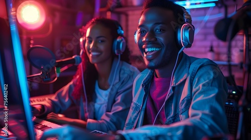 Young Diverse Gamers Smiling at Neon-Lit Radio Studio while Broadcasting