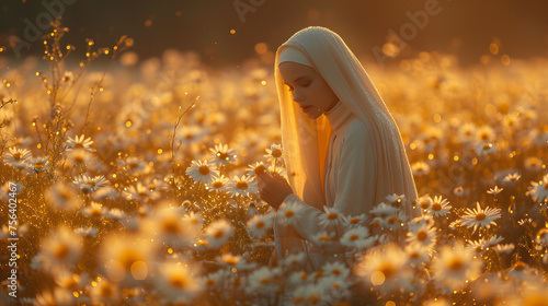 A nun in white praying in the field of vibrant flowers. photo