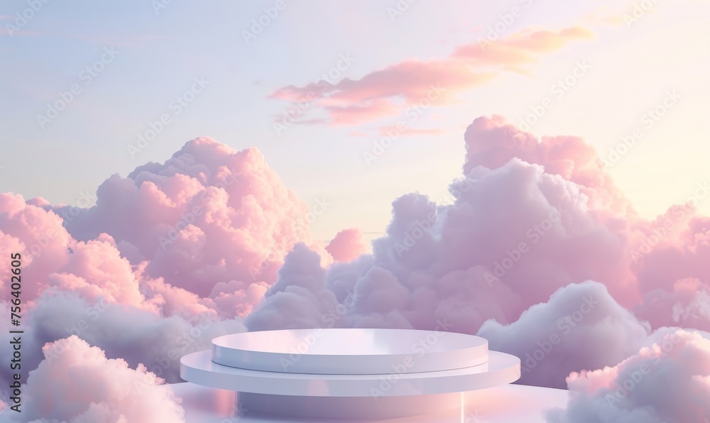 A podium basks in the radiant glow of a sunset amidst a dreamy cloudscape, offering a heavenly setting for showcasing objects - obrazy, fototapety, plakaty 