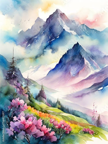 landscape with flowers and mountains. Spring landscape. Mountains and spring flowers.