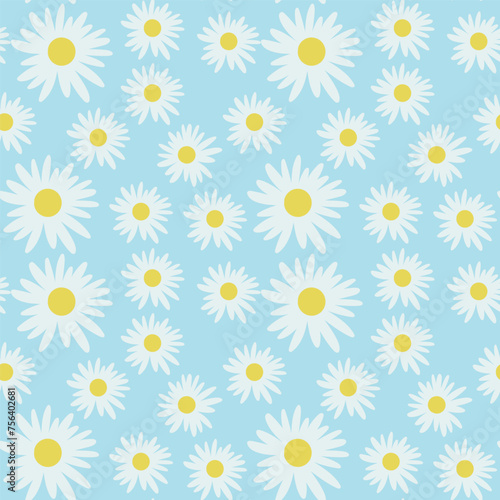 Daisy flower seamless on blue background illustration. Pretty floral pattern for print.