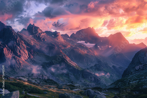 Dramatic sunrise over rugged mountains creating a scene of awe and inspiration