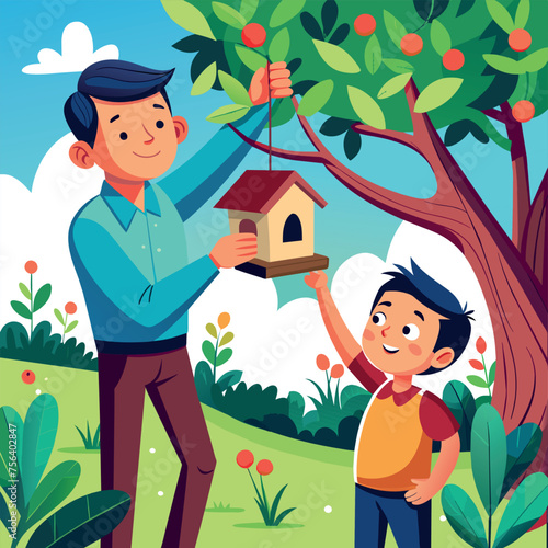 dad, son, tree, leaves, nature, birdhouse, house, feeder, bird, grass, food, good