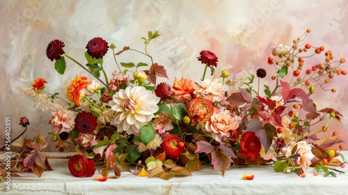 A bouquet of flowers with a variety of colors including red, orange, and yellow. The flowers are arranged in a way that creates a sense of harmony and balance. Scene is one of warmth and happiness