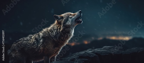 alone wolf howl on a rock at night in forest background