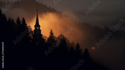 church in the night fog in the European mountains landscape panoramic view © kichigin19
