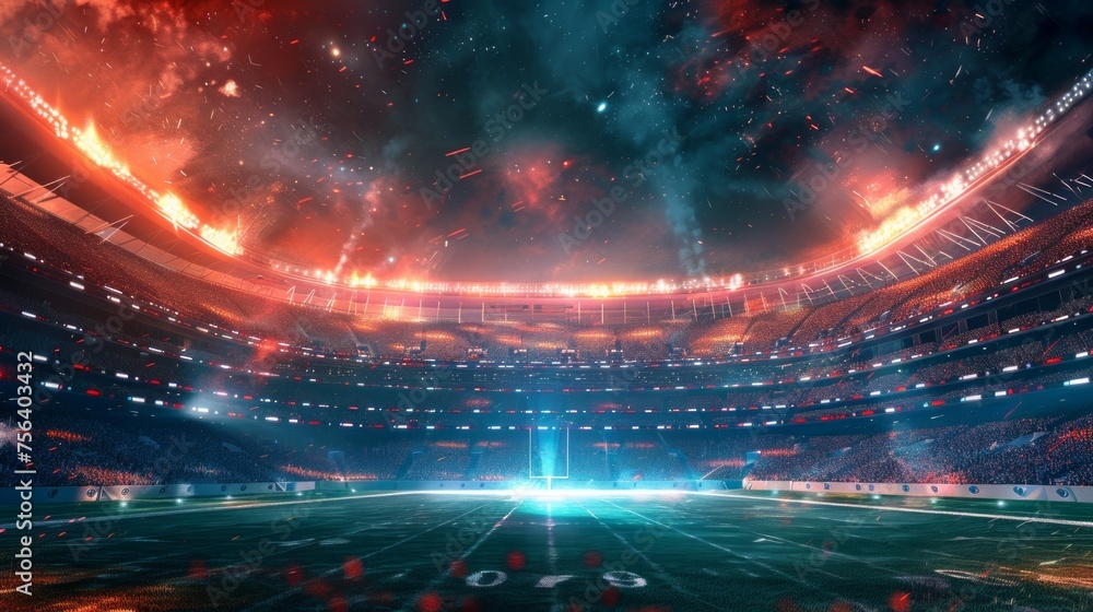 A breathtaking perspective of an American football stadium, illuminated by brilliant lights and vibrant flashes, encapsulating the game's intense energy. - obrazy, fototapety, plakaty 