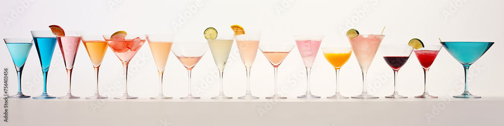a row of multicolored cocktails isolated on a white background. a row of multicolored cocktails isolated on a white background.
