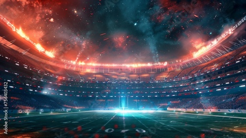 A breathtaking perspective of an American football stadium, illuminated by brilliant lights and vibrant flashes, encapsulating the game's intense energy. photo