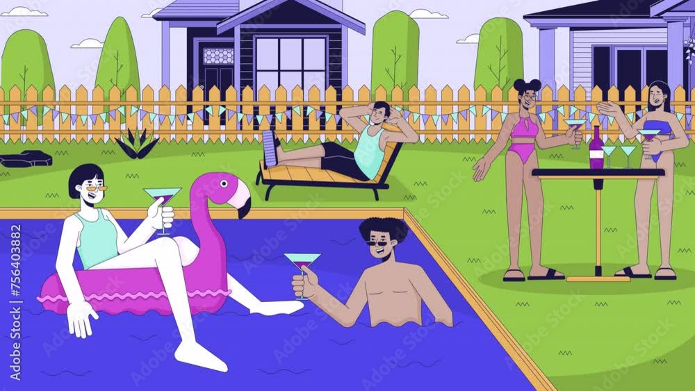 Pool Hall Animation Vidéo Stock Poolside chillout party line cartoon animation. Summer ...