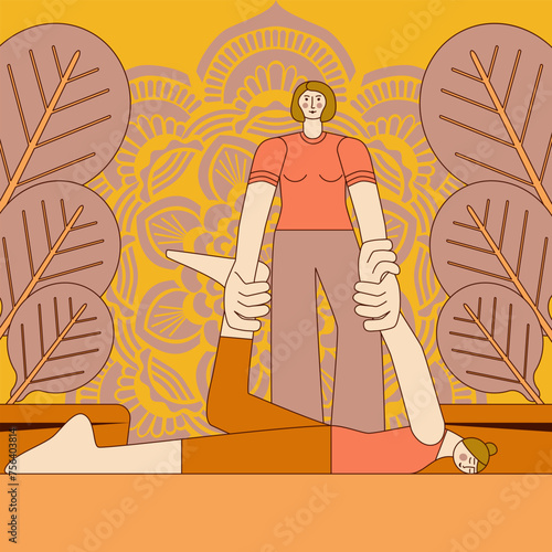 Shiatsu full body massage by professional therapist in spa. Design concept. Isolated flat vector illustration.