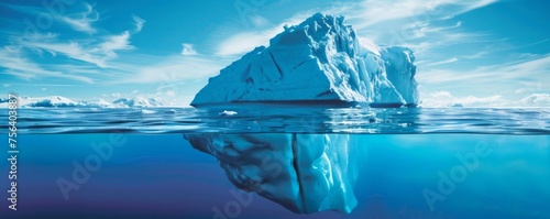 A towering iceberg, mostly beneath the water's surface, symbolizes the concealed hazards and the critical problem of global warming. 