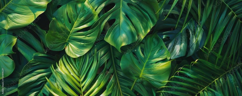 A close-up shot reveals the intricate textures and deep green color of a foliage plant, contrasted against a brightly colored tropical backdrop, highlighting the plant's lushness.