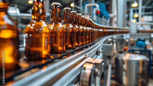 A conveyor belt is filled with bottles of beer