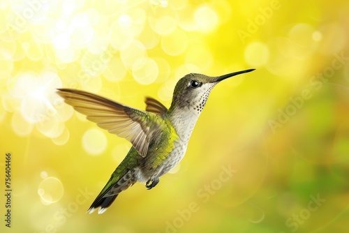 Hovering Hummingbird with Iridescent Feathers Against Yellow - Generative AI