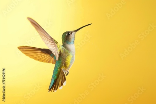 Hovering Hummingbird with Iridescent Feathers Against Yellow - Generative AI