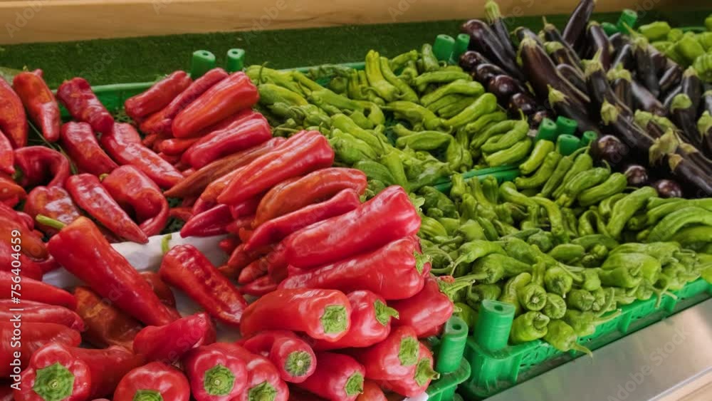 Assortment of pepper and eggplant vegetables on a counter in street food market. Farming and agriculture concept. Vegan and vegetarian food Assortment of pepper and eggplant vegetables on a counter in street food market. Farming and agriculture concept. Vegan and vegetarian food