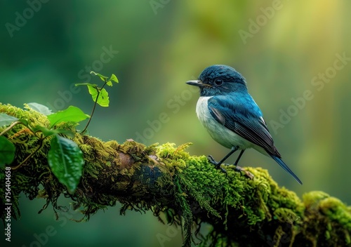 Serene Blue Flycatcher Perched in Lush Greenery - A Moment of Calm Generative AI