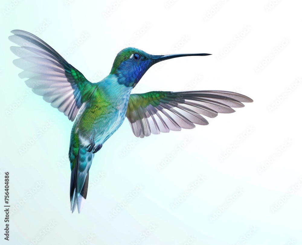Fototapeta premium Iridescent Hummingbird in Mid-Flight on Pristine White Backdrop Generative AI