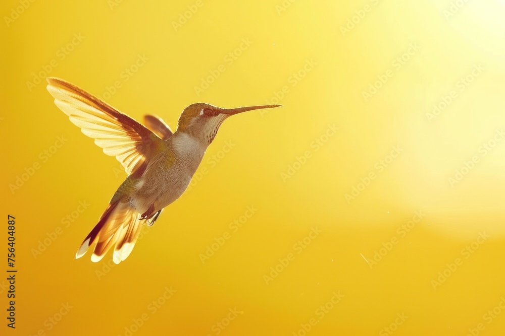 Fototapeta premium Backlit Hummingbird Hovering in Sunlit Splendor on Golden Canvas Generative AI