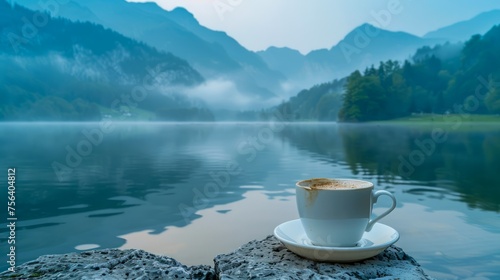 Tranquil Morning by the Lake with a Steamy Cup of Coffee Surrounded by Misty Mountains and Reflective Waters photo