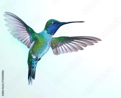 Iridescent Hummingbird in Mid-Flight on Pristine White Backdrop Generative AI © Gelpi